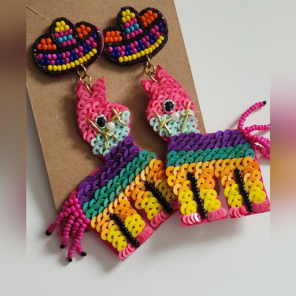 Colorful Beaded Pinata Earrings - Sombrero Earrings - Cinco de Mayo